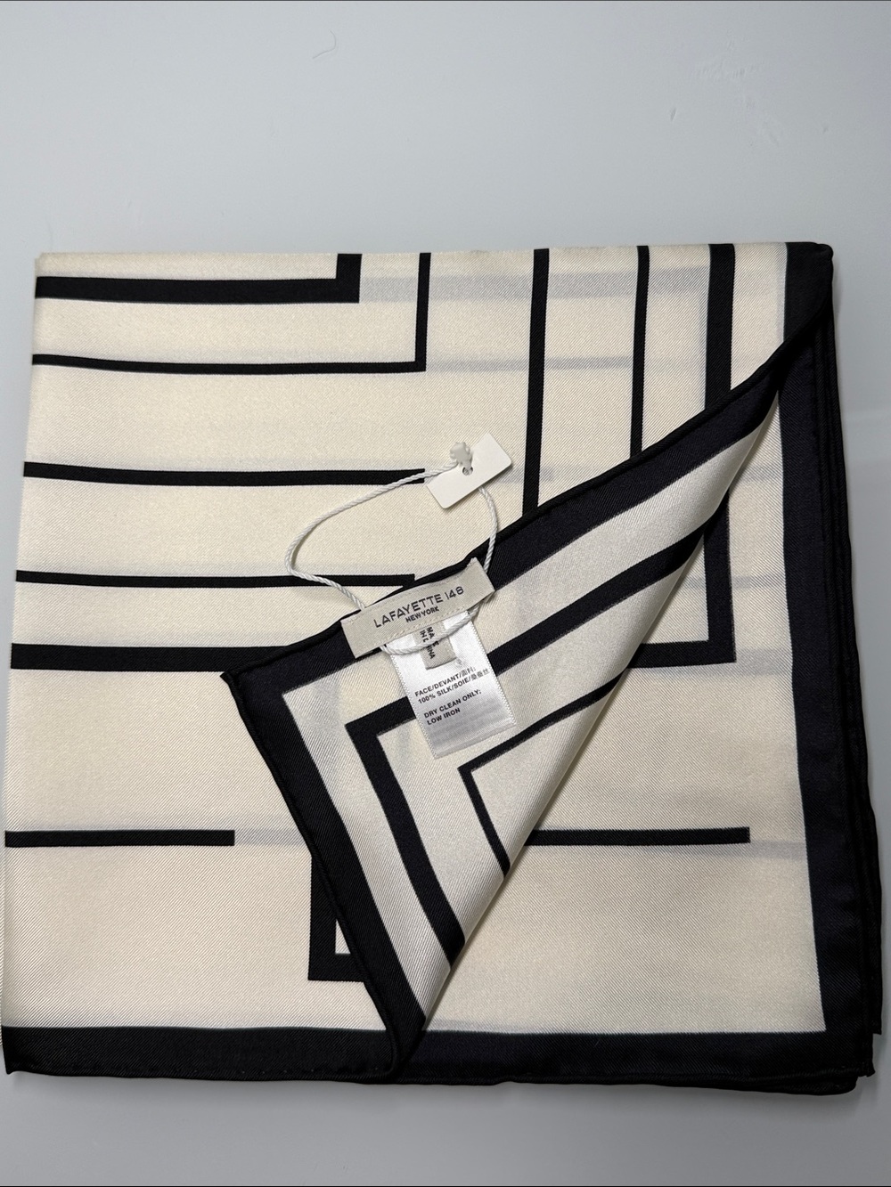 NEW Lafayette 148 New York Geometric 100% Silk Scarf - Black & Ivory - Picture 3 of 6